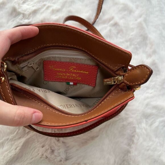 Cuoieria Fiorentina Leather Cross Body Bag Coral Pink Brown Made in Italy - Picture 5 of 10
